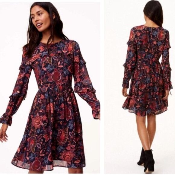 LOFT Women’s Hydrangea Bouquet Floral Ruffle Fit & Flare Dress Size 6 - Picture 2 of 10